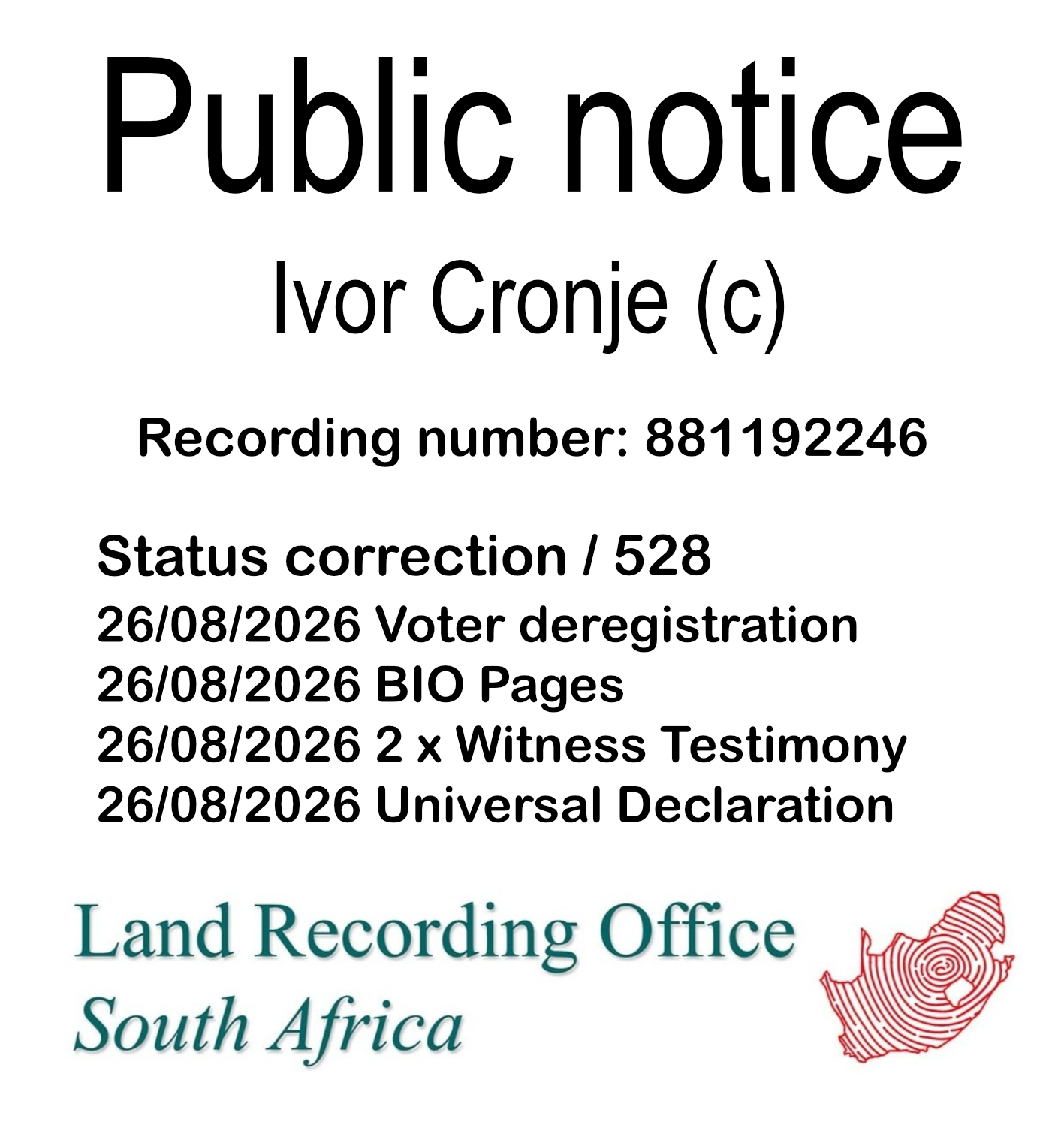 Public notice Ivor Cronje Recording number 881192246
